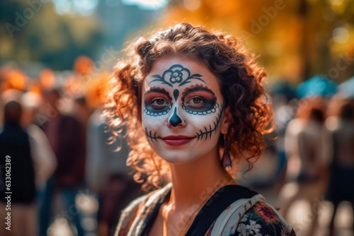 A beautiful brunette with a stylized makeup of La Katrina mask,the day of the dead © JoseLuis