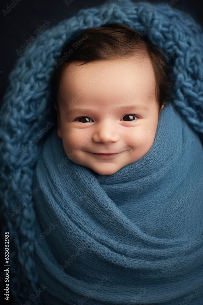 Portrait of smiling newborn baby wrapped in blue blanket Portrait of smiling newborn baby wrapped in blue blanket