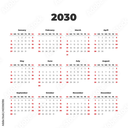 Simple vector calendar on 2030. Start from Sunday