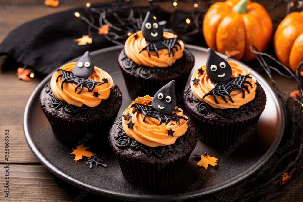 Halloween creamy Cupcakes with Bat and Spider Web decorations, generative ai Halloween creamy Cupcakes with Bat and Spider Web decorations, generative ai