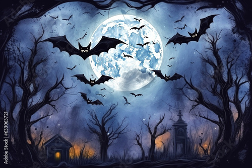 Eerie moonlit night with bats and owls, Halloween set, watercolor style Generative AI