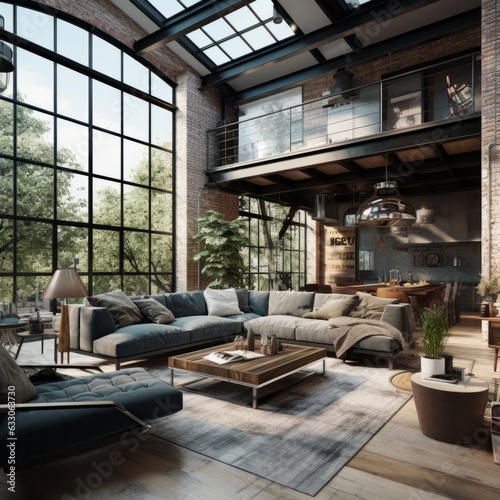home interior design concept loft interior decorative style living room with double space daylight big window and rustic texture industrial material finish home beautiful,ai generate © VERTEX SPACE