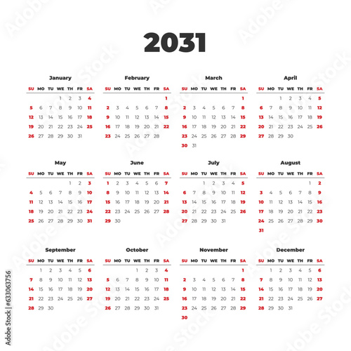 Simple vector calendar on 2031. Start from Sunday