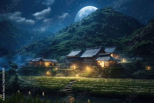 The backdrop features rice field terraces at night in an Asian mountain setting, cascading paddy fields on a Chinese farm, and a starry night sky with a full moon and glittering fireflies.