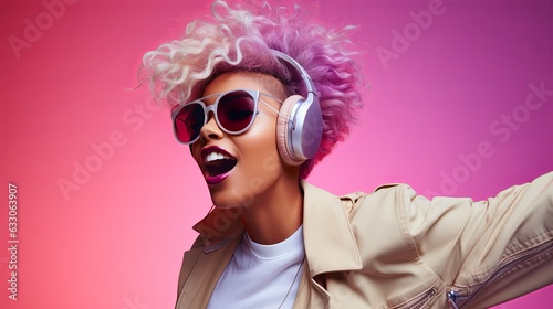 happiness stylish freedom happiness woman colour hair and fashion costume enjoy music from wireless headphone charming emotion fashionable individuality appearance casual relax ai generate