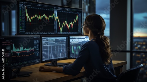 businesswoman stock financial specialist trader broker working with monitor screen with stock chart and indicator woman working hard to make decision for her risk and wealth management,ai generate