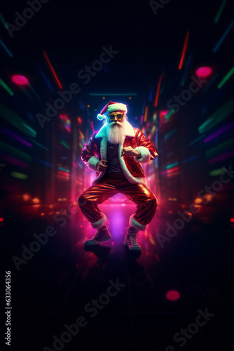 Trendy Santa Claus in fluorescent clothes illuminated by neon lights on a dark background. Concept of Christmas and New Year celebration and party, Luminous colors. Generative AI. © lagano