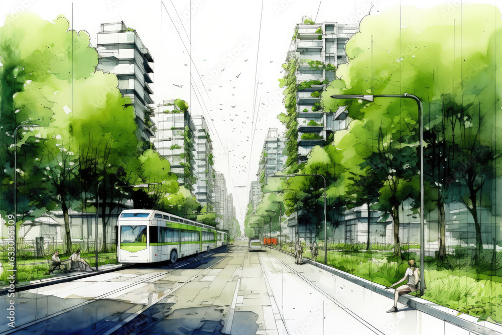 Picture of Streets and high-rise buildings of a modern eco-city. Eco-friendly ...