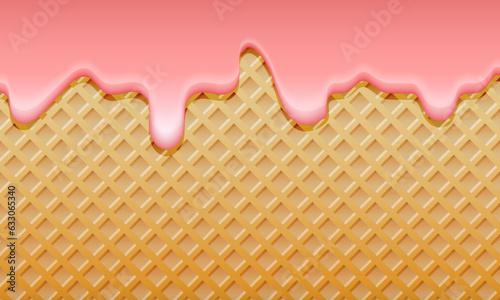 Pink ice cream melted on waffle background. Сream melted on waffle background. Sweet strawberry ice cream flowing down on cone