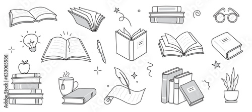 Book library stack sketch set. Hand drawn sketch doodle style line book stack. Library, reading, school doodle concept icon background. Blue pen line style stroke. Vector illustration.