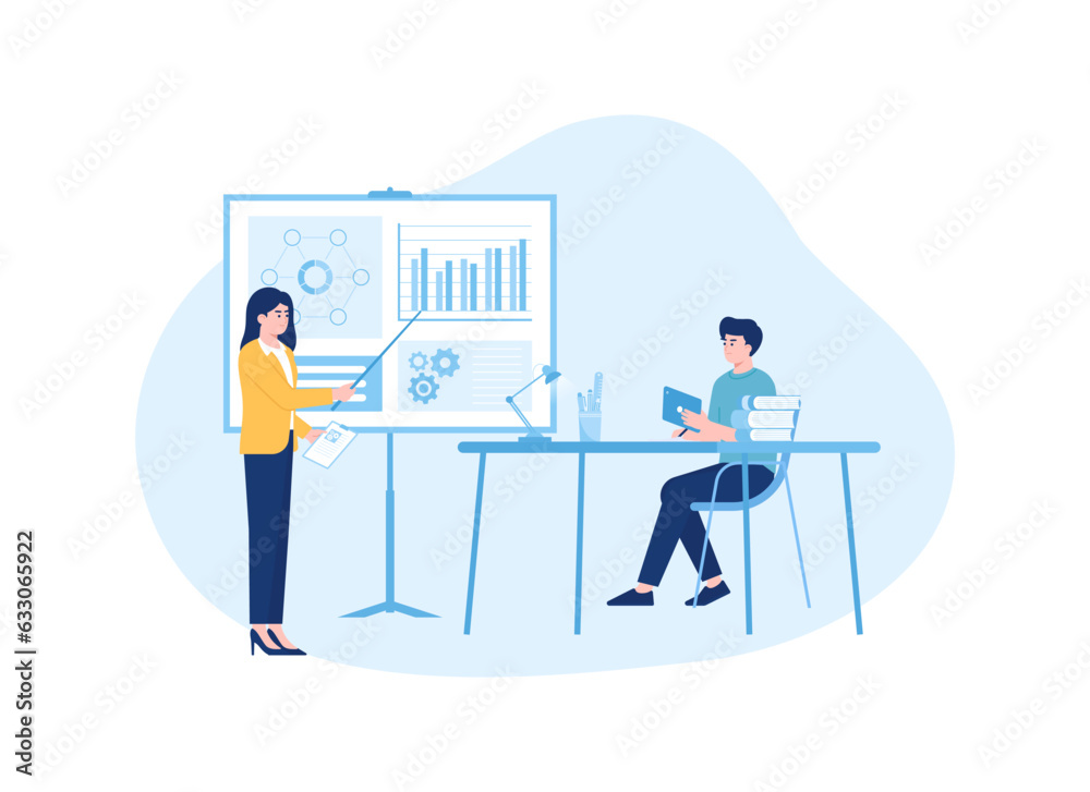 Obraz premium Two people sitting with laptop and presentation screen concept flat illustration