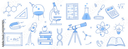 Doodle science, education school icon. Hand drawn sketch style doodle science background. School chemistry, physics education, biology concept icon. Hand drawn line vector illustration. photo