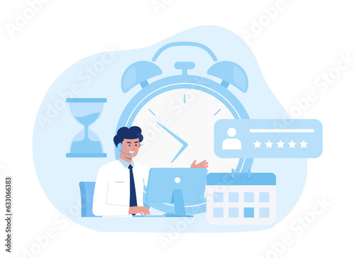 A man sitting at a desk with a laptop and a clock concept flat illustration