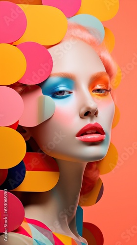 Colorful stage makeup portrait of beautiful woman on pink background © Nick Alias