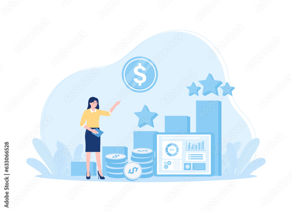 a woman with a chart and a pile of coins concept flat illustration a woman with a chart and a pile of coins concept flat illustration