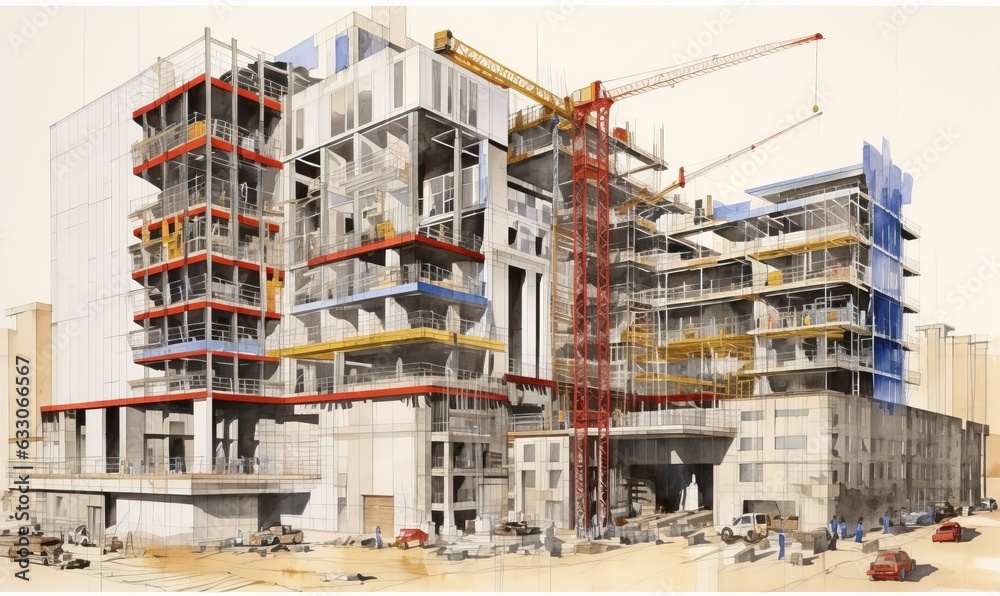 Construction of multi-storey building with cranes Construction of multi-storey building with cranes