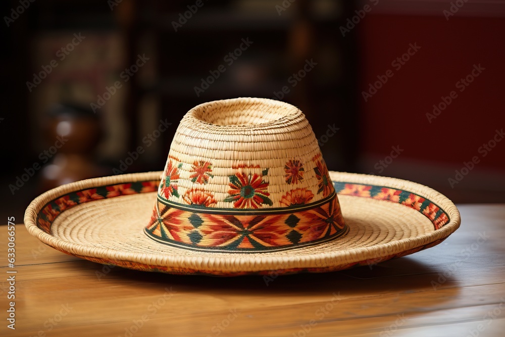 Mexican sombrero with national ornament on wooden table