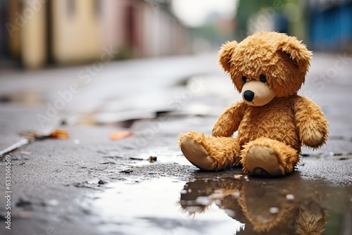 Toy bear in puddle on wet road © Nick Alias