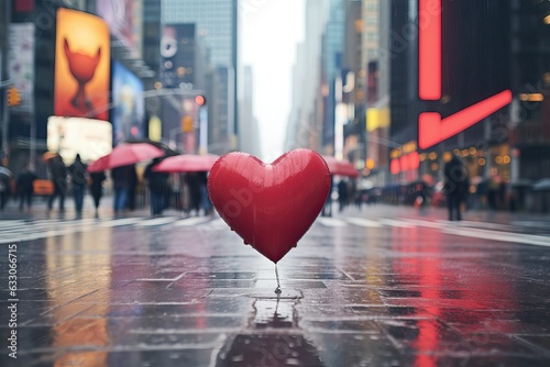 Red heart balloon soaring over modern city © Nick Alias