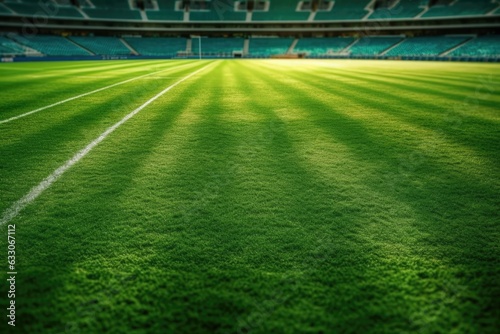 On a bright day, the grass of a football stadium is green.
