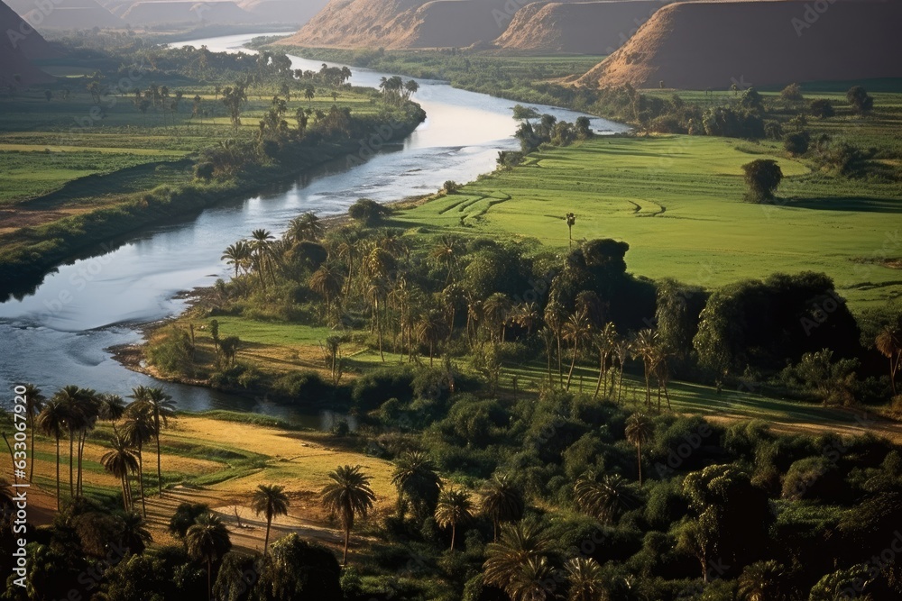 A river flows next to a farmland and palm trees.