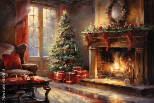 watercolor christmas tree and fireplace presents in a dreamy scene