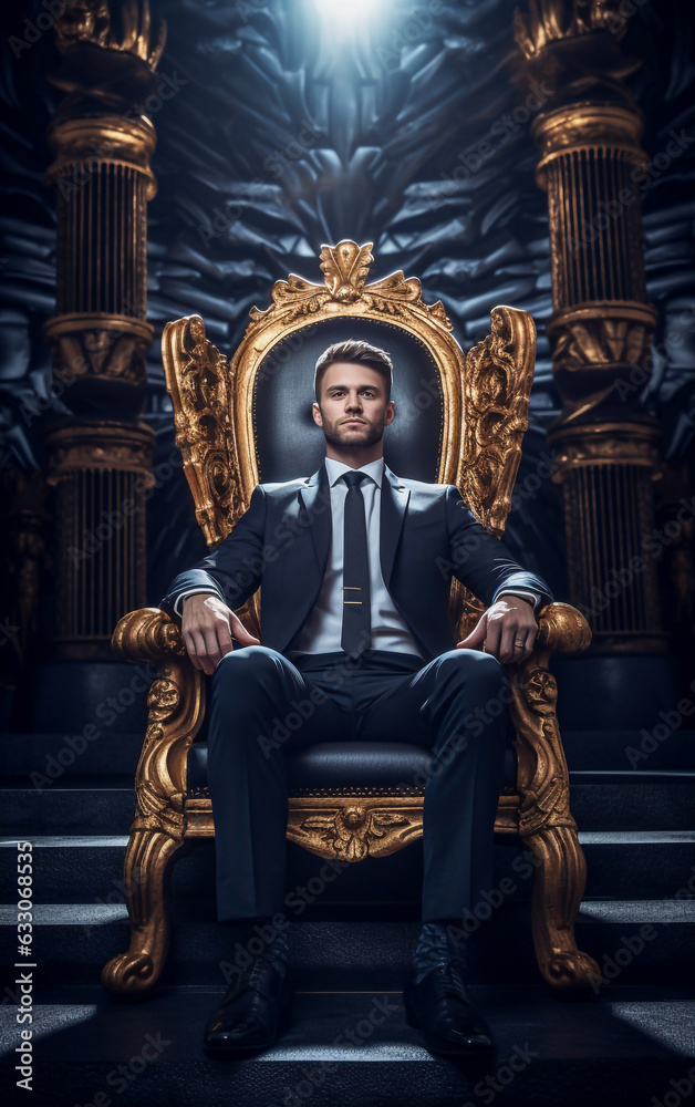 An elegant businessman sit on the majestic throne like a king An elegant businessman sit on the majestic throne like a king