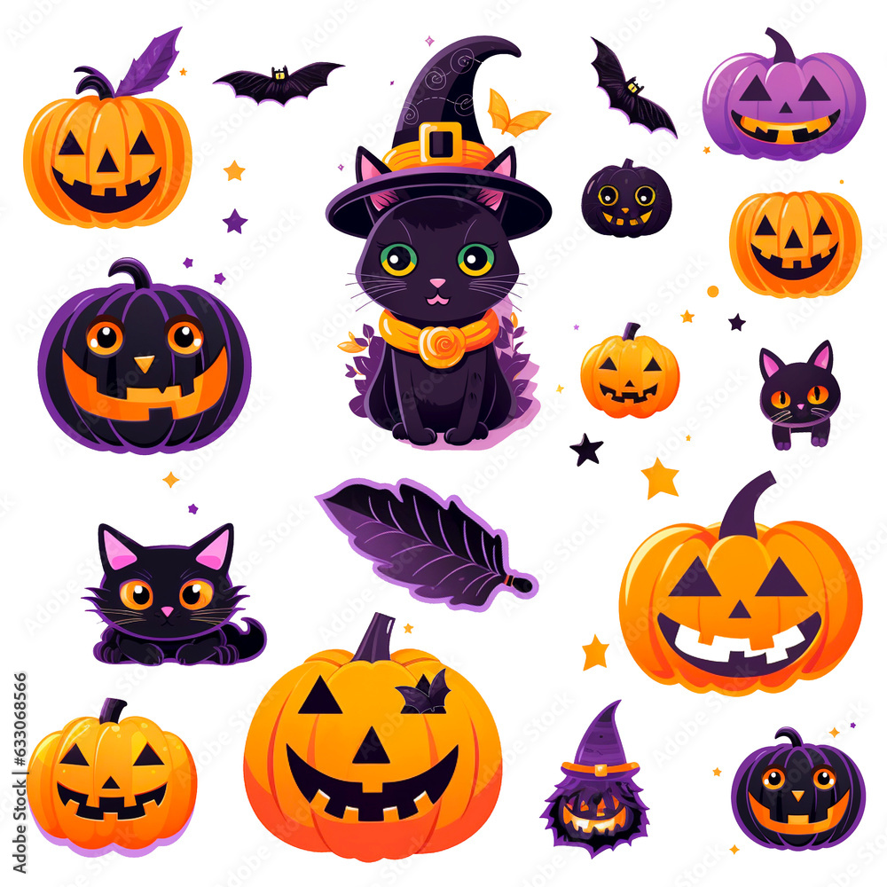Set of halloween witch cats and orange pumpkins for halloween decorations, icon isolated on white background. PNG transparent background. Set of halloween witch cats and orange pumpkins for halloween decorations, icon isolated on white background. PNG transparent background.