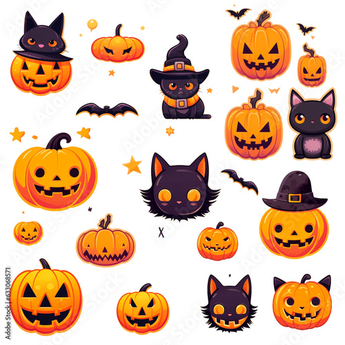 Set of halloween witch cats and orange pumpkins for halloween decorations, icon isolated on white background. PNG transparent background. © Ivrin