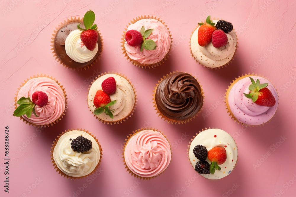 Top view of muffins with cream and fruits on pastel background Top view of muffins with cream and fruits on pastel background