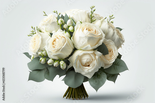 White roses bouquet on white background. For a greeting card. Generative AI