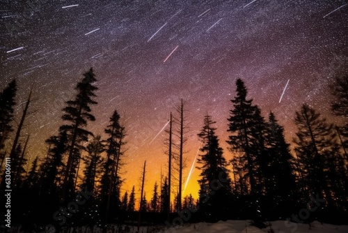 Stellar trails depict the revolution of the Polar Star throughout the night against a clear sky and a meteor.