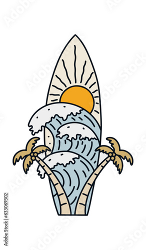 The coconut and the waves vibes in surfboard shape. mono line vector art. Design for t shirt badge patch vector illustration