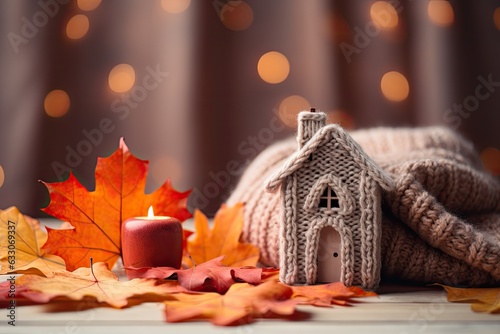 An autumn inspired scene with a toy house and dried maple leaves in shades of orange on a cozy grey knitted sweater. A banner with Thanksgiving greetings is present, creating a space for additional photo
