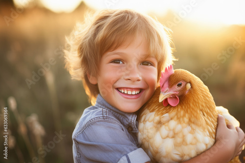 Tableau sur toile small child hugging a chicken or hen. livestock farm
