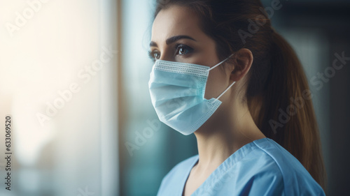 young female nurse wearing face or surgical mask for virus prevention and healthcare