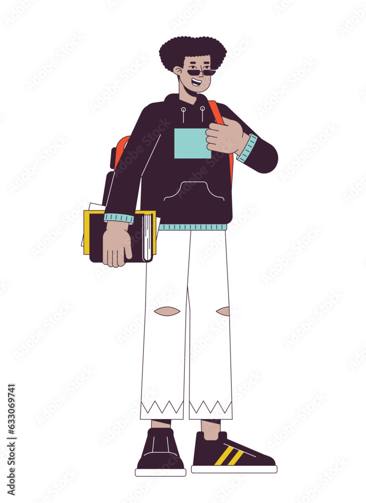 Happy latinamerican student with rucksack flat line color vector character. Editable outline full body person on white. Stylish young man campus simple cartoon spot illustration for web graphic design