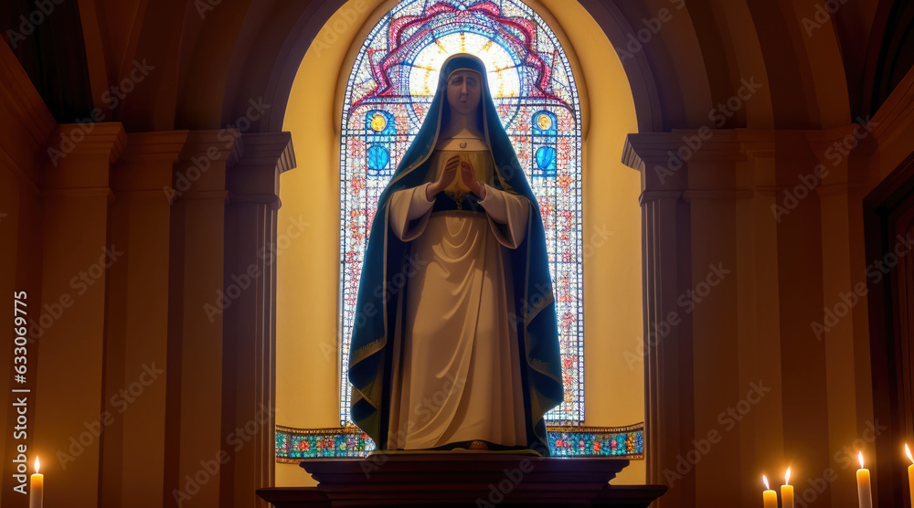 statue of virgin mary in the center of church shrine altar- Generative AI