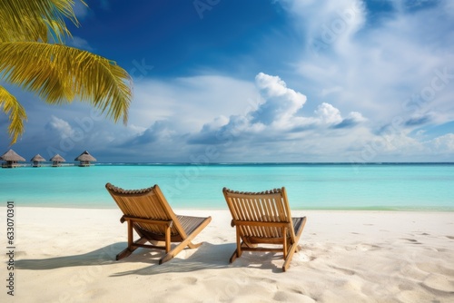 Two chaise longues under a sun umbrella stand on the beach on the ocean or sea coast of a resort island or country. Dream vacation travel package
