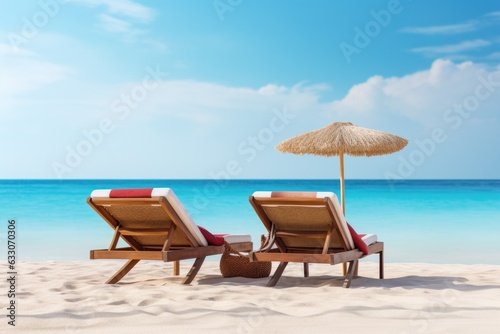 Two chaise longues under a sun umbrella stand on the beach on the ocean or sea coast of a resort island or country. Dream vacation travel package © Hope