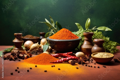 A composition of hot spices and seasonings and herbs, stands beautifully on an isolated background. The chef cooking the best cuisines of the world, restaurants and delicious dishes