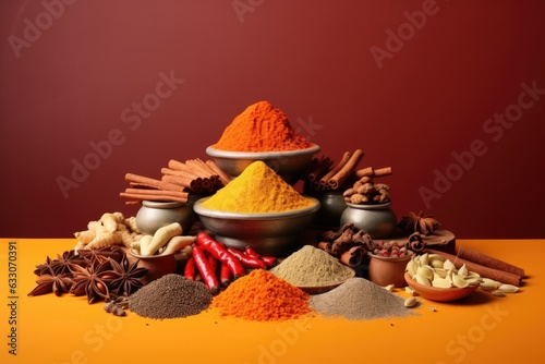 A composition of hot spices and seasonings and herbs, stands beautifully on an isolated background. The chef cooking the best cuisines of the world, restaurants and delicious dishes