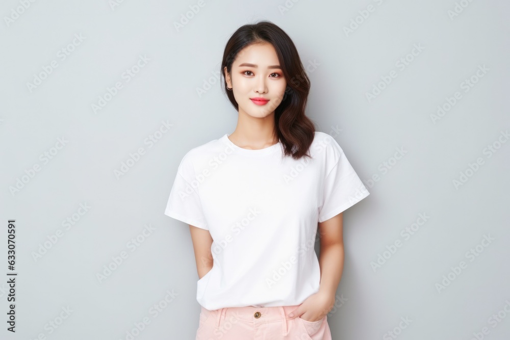 Beautiful Portrait of a young Asian woman dressed a White t-shirt. Teenager smiling and looking at camera on white background  - obrazy, fototapety, plakaty 