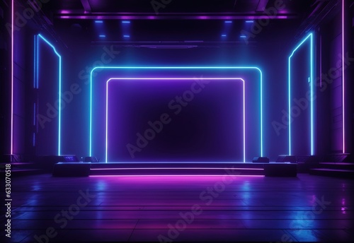 The dark stage shows empty dark blue purple in background neon light
