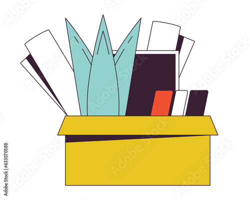 Fired box flat line color isolated vector object. You are fired. Belongings in box. Dismissal day. Editable clip art image on white background. Simple outline cartoon spot illustration for web design