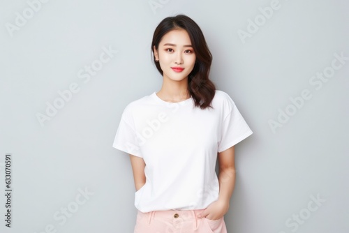 Beautiful Portrait of a young Asian woman dressed a White t-shirt. Teenager smiling and looking at camera on white background 