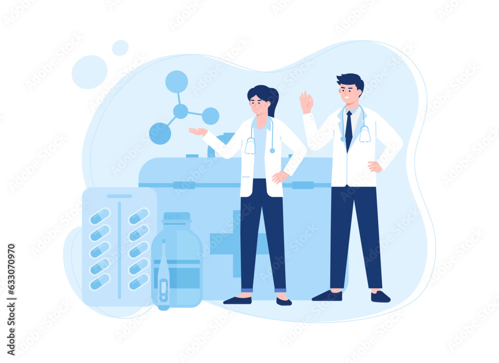 Two doctors standing in lab with medicine formula concept flat illustration Two doctors standing in lab with medicine formula concept flat illustration