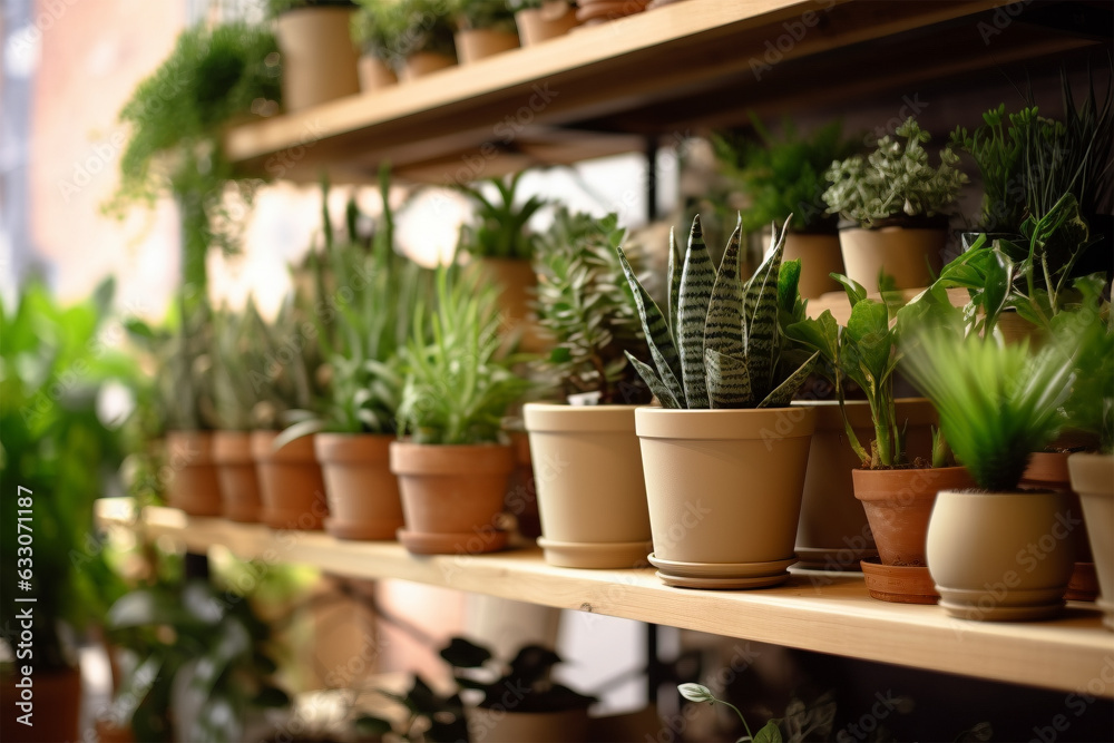 Shelf with many different houseplants in store Shelf with many different houseplants in store