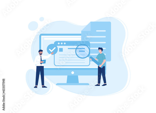 people looking at a computer screen with a magnifying glass concept flat illustration