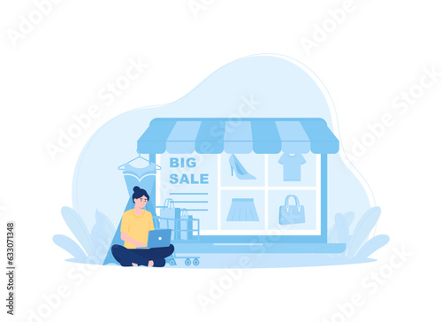 illustration of a woman sitting in front of a store with a laptop concept flat illustration